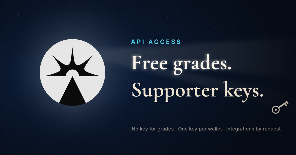The current circular Pharos mark beside the headline “Free grades. Supporter keys.” beneath the label “API Access”, with a key icon on a dark navy background.