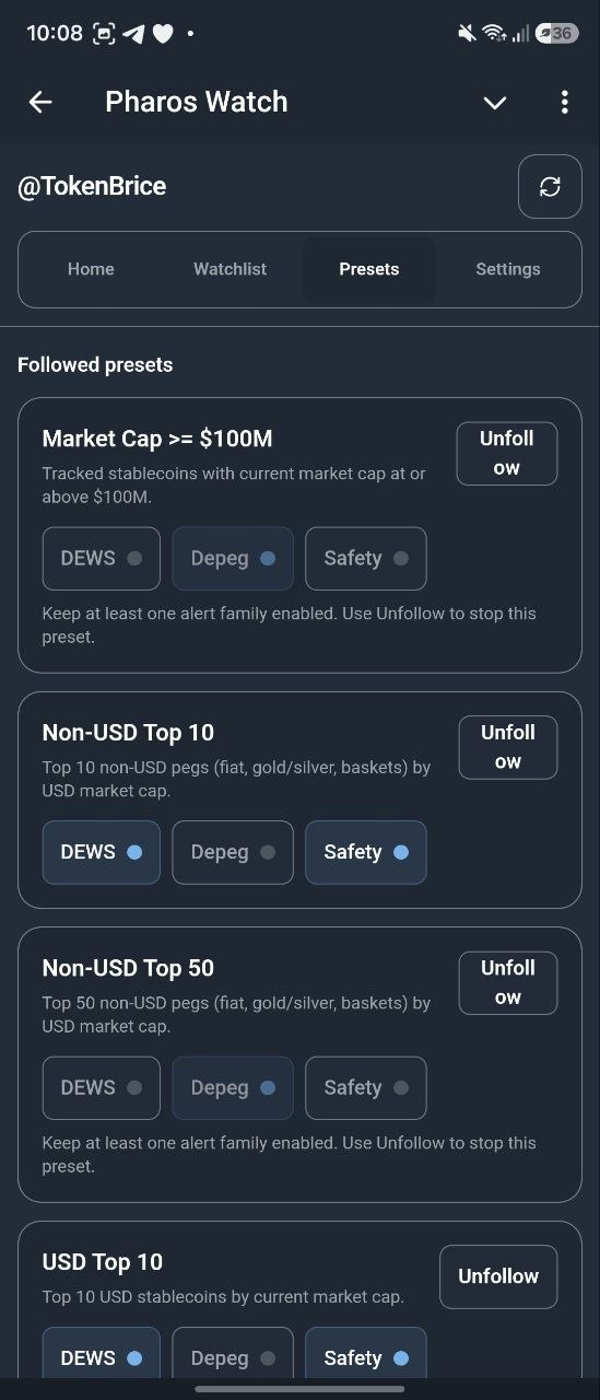 PharosWatchBot Mini App presets screen with followed and available preset watchlists