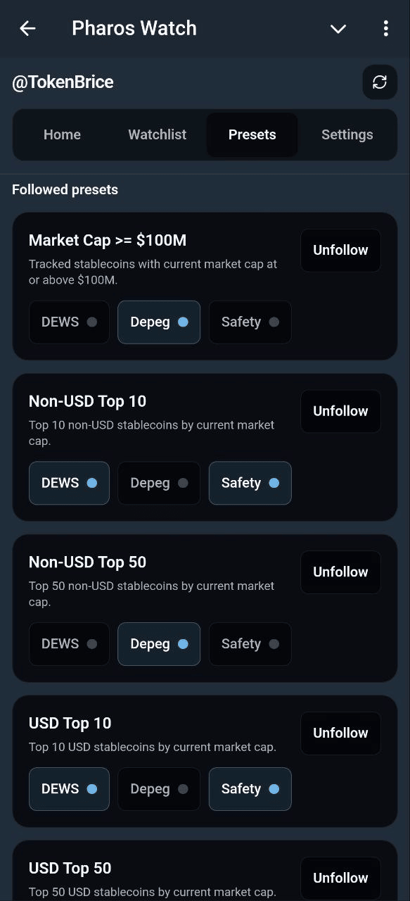 PharosWatchBot Mini App presets screen with followed and available preset watchlists