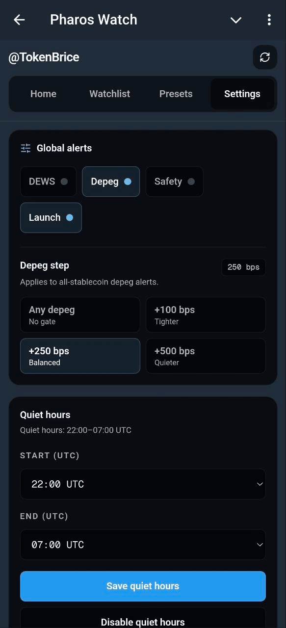 PharosWatchBot Mini App settings screen with global alerts, depeg step, and quiet hours