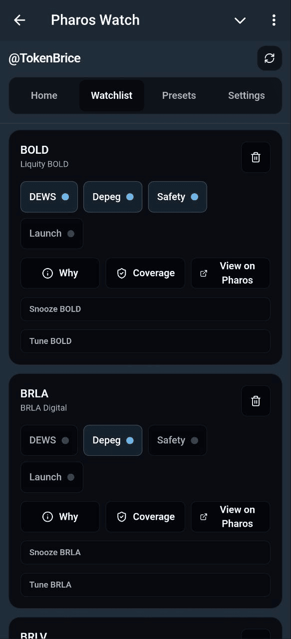 PharosWatchBot Mini App watchlist screen with per-coin alert toggles