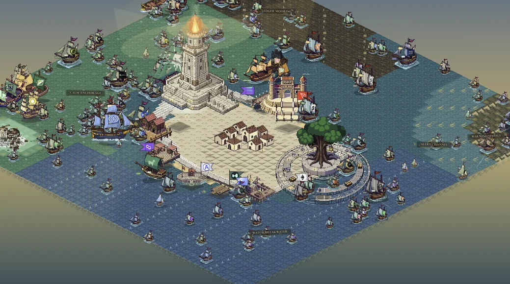 PharosVille pixel-art harbor with stablecoins as ships in DEWS zones